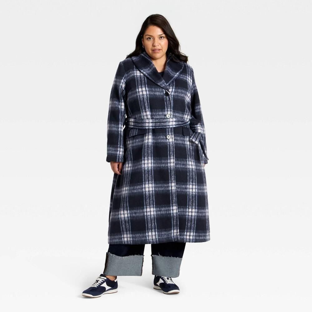 Women's Belted Coat - Ava & Viv™ Navy Blue Plaid 3X